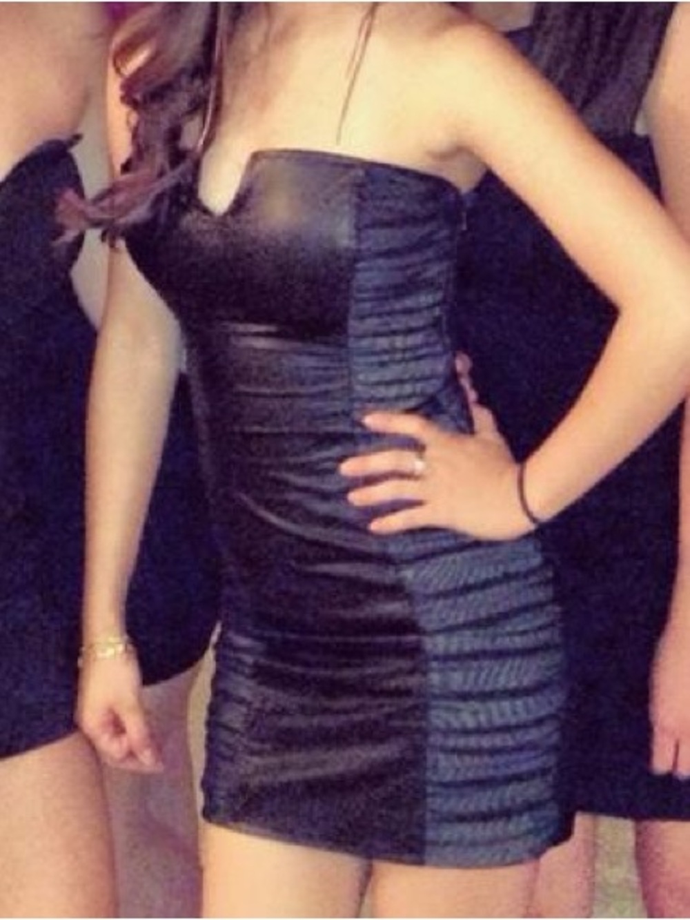 bebe Black Strapless Ruched Mesh & Faux-Leather Dress